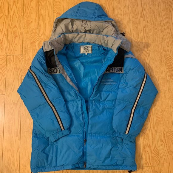 Boys Blue Grey Winter Down Jacket Coat Lightweight - Picture 3 of 4